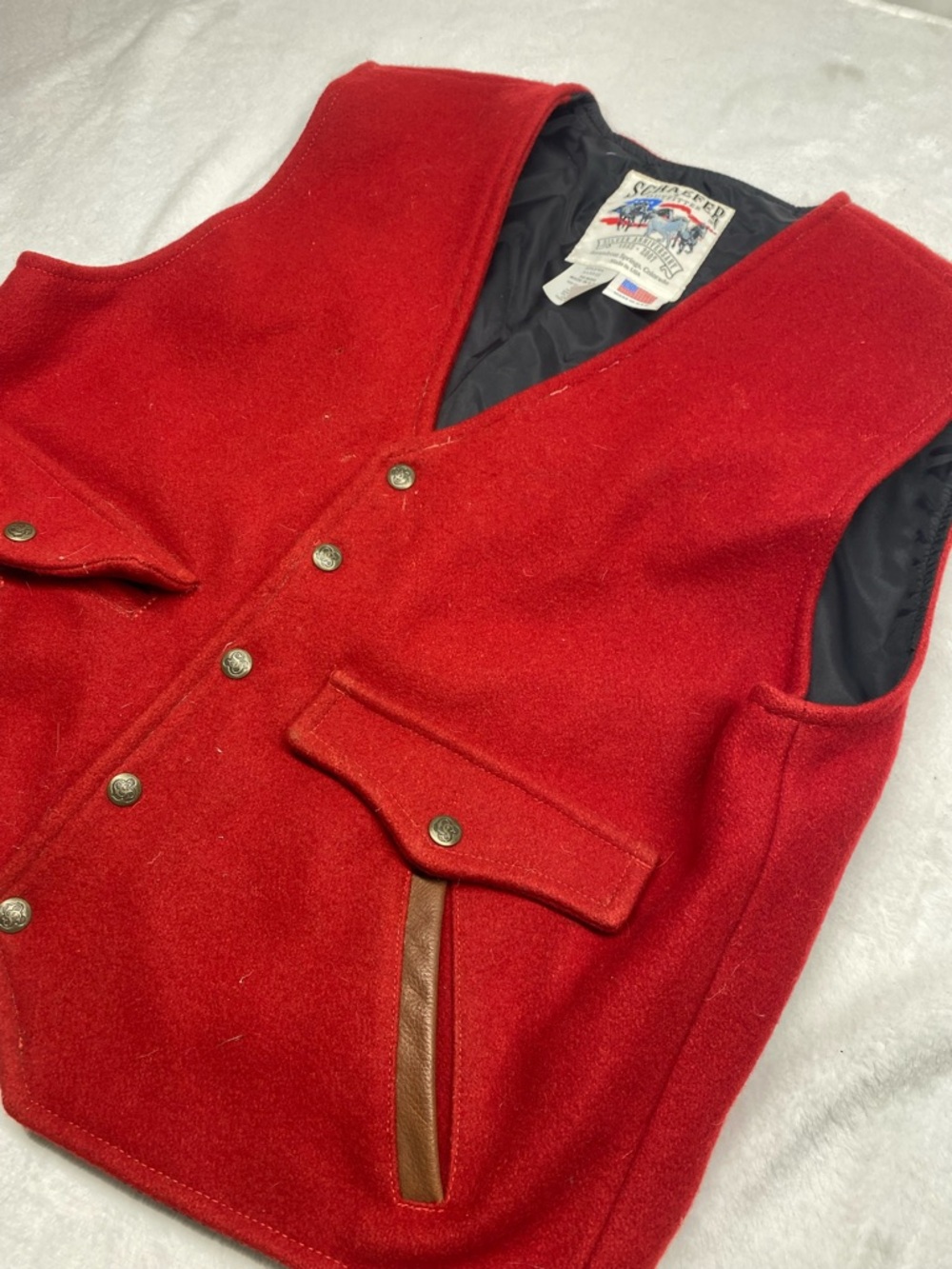 VTG Schaefer USA Red Wool Leather Trim Vest Men's  Xl Ranch Rodeo Western
